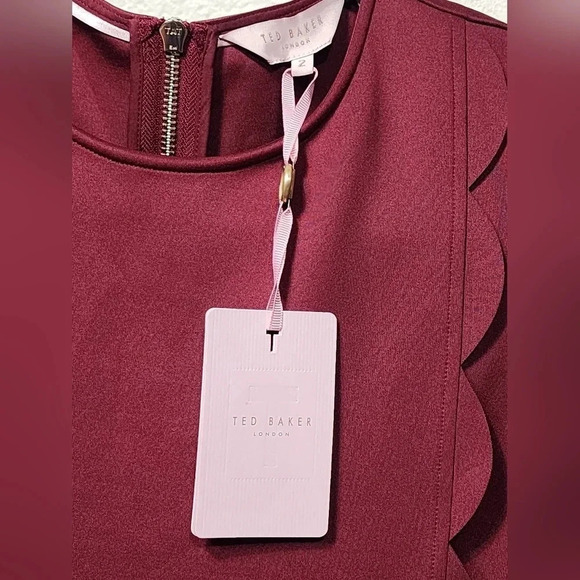 Ted Baker Jasmint Plum Burgundy Draped Scalloped Edge Sleeveless Dress - Size 2 - Picture 8 of 11